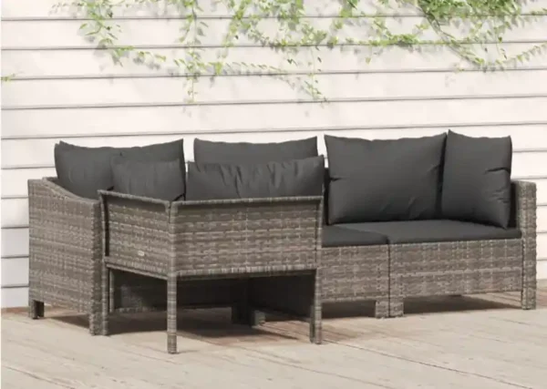Salon de jardin 4 pcs avec coussins Gris Résine tressée
