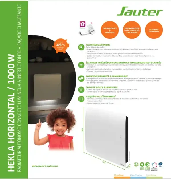 Radiateur électrique double système chauffant 1000W SAUTER Hekla horizontal bl.