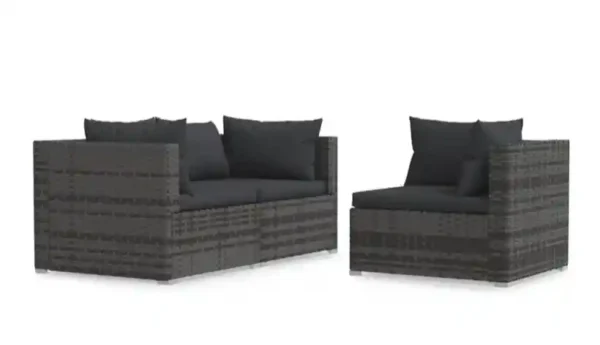 Salon Rattan5 Salon de jardin 3 pcs avec coussins Gris Résine tressée